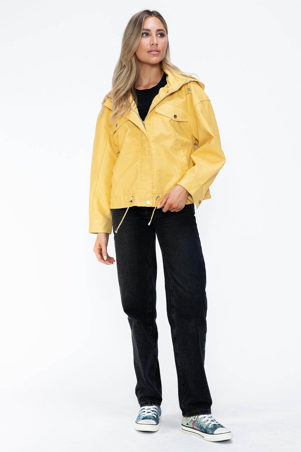 How Dare U Drawstring Hem PU Leather Zip Up Jacket for Women - Selvanelle