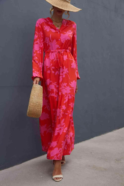 Floral Drawstring Waist Long Sleeve Dress for Women - Selvanelle