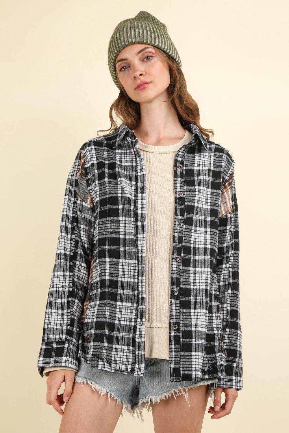 Very J Contrast Plaid Raw Detail Shirt for Casual Style - Selvanelle