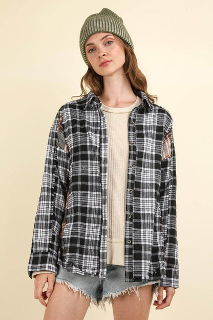 Very J Contrast Plaid Raw Detail Shirt for Casual Style - Selvanelle