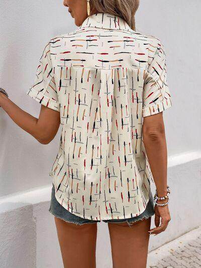 Perfee Printed Collared Neck Short Sleeve Shirt for Women - Selvanelle