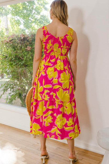 ODDI Full Size Floral Smocked Ruffled Midi Dress For Women - Selvanelle