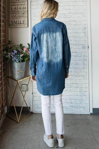 Veveret Pocketed Button Up Washed Denim Shirt for Women - Selvanelle