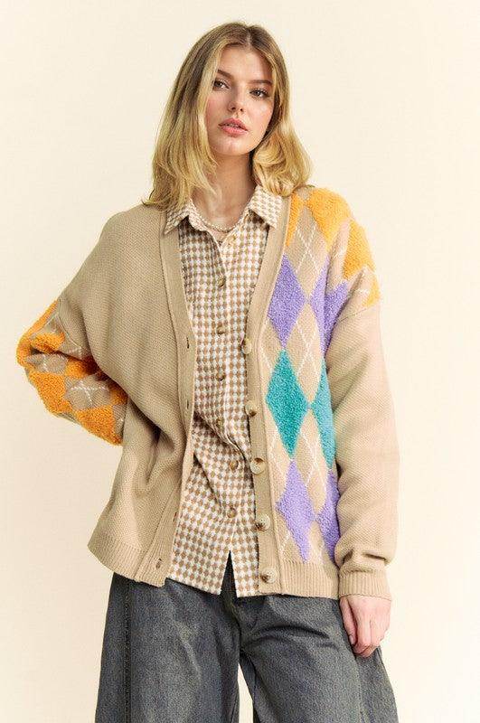 Davi & Dani Argyle V-Neck Dropped Shoulder Cardigan Style - Selvanelle
