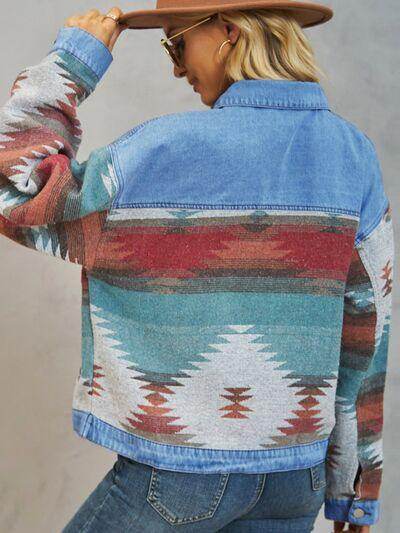 Geometric Button Up Dropped Shoulder Denim Jacket for Women - Selvanelle