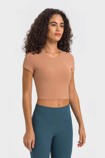 Millennia Round Neck Short Sleeve Cropped Sports T-Shirt - Selvanelle