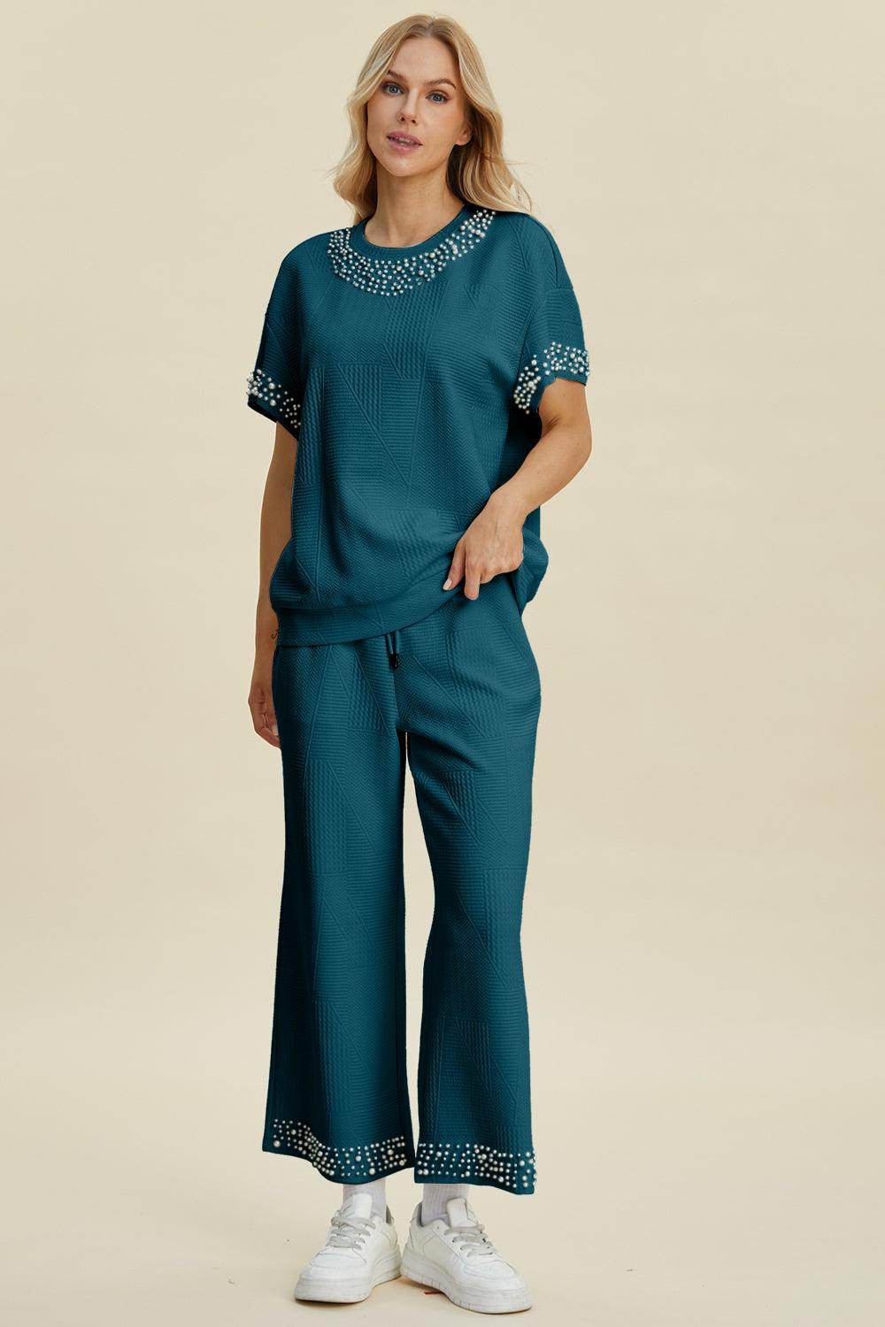 Double Take Full Size Pearl Detail Round Neck Top Pants Set - Selvanelle