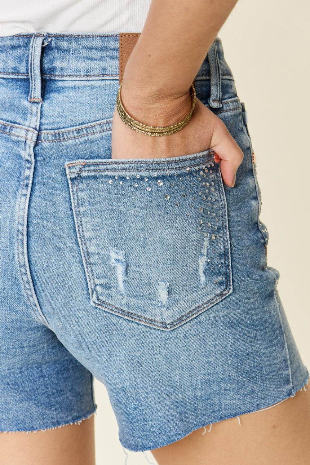Judy Blue Full Size High Waist Rhinestone Denim Shorts - Selvanelle