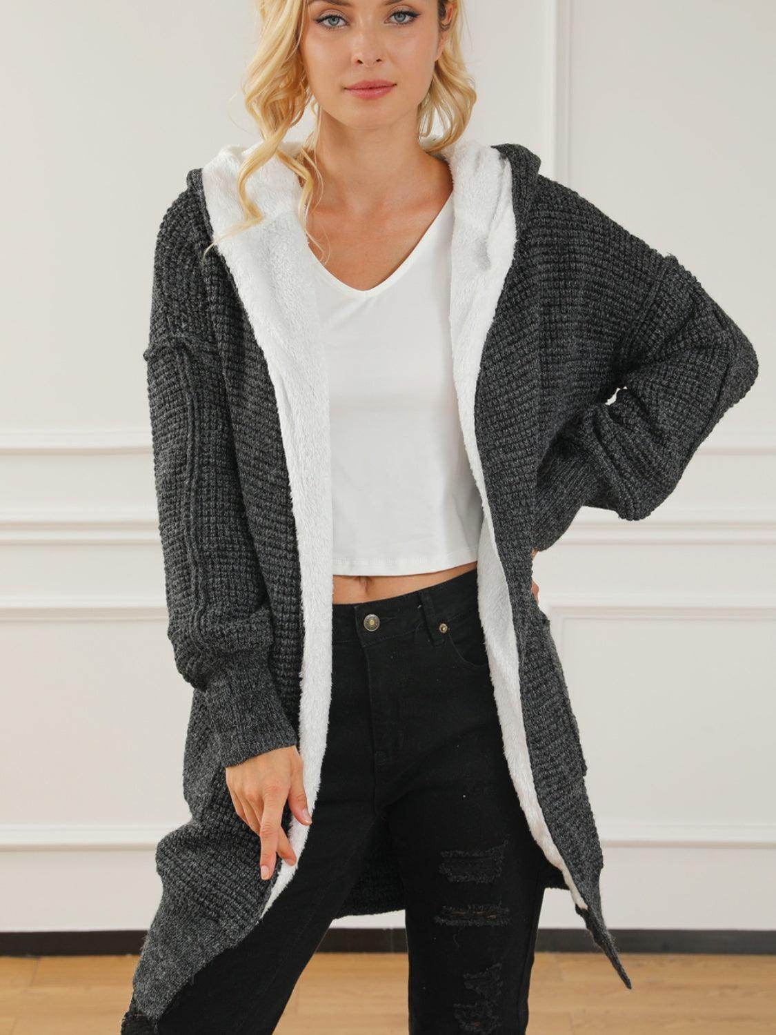 Open Front Hooded Winter Coat with Pockets for Women - Selvanelle