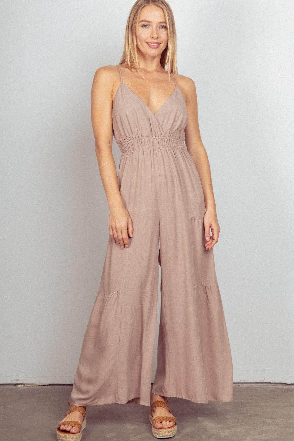 Very J Sleeveless Ruched Wide Leg Jumpsuit for Women - Selvanelle