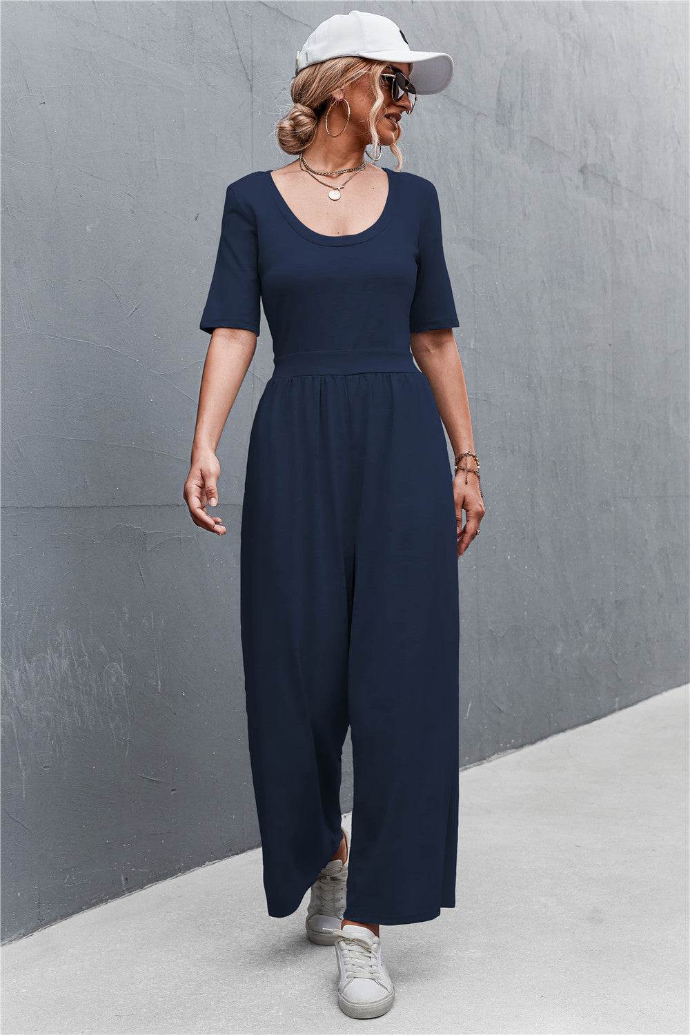 Scoop Neck Half Sleeve Wide Leg Jumpsuit - Selvanelle