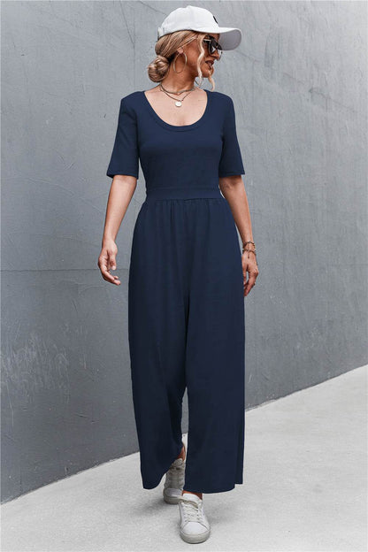 Scoop Neck Half Sleeve Wide Leg Jumpsuit - Selvanelle