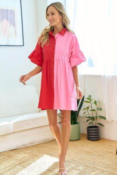 First Love Full Size Color Blocked Button Down Babydoll Dress - Selvanelle