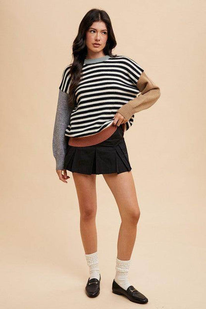 Annie Wear Striped Color Block Round Neck Sweater for Women - Selvanelle