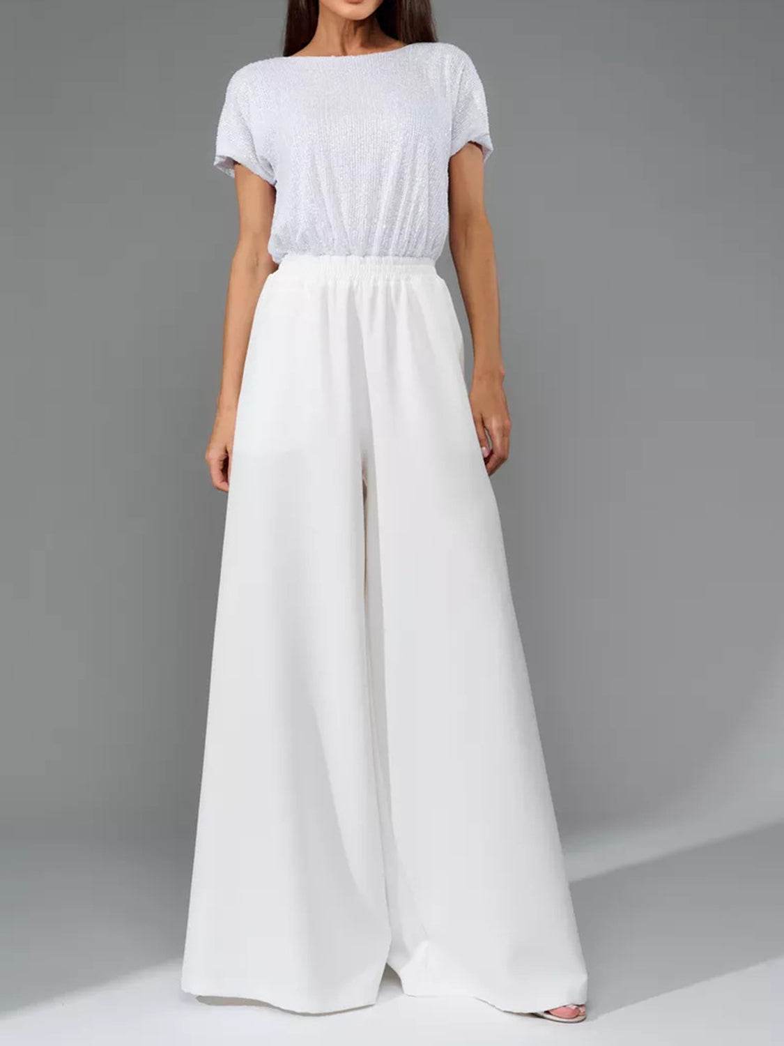 Full Size Sequin Round Neck Short Sleeve Wide Leg Jumpsuit - Selvanelle