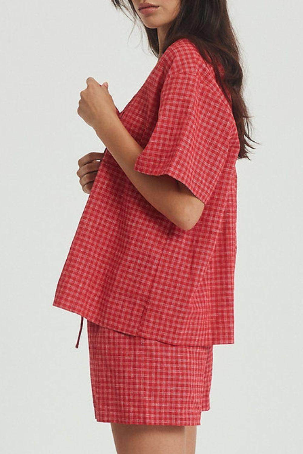Plaid Tied Scoop Neck Short Sleeve Top and Drawstring Shorts Set - Selvanelle