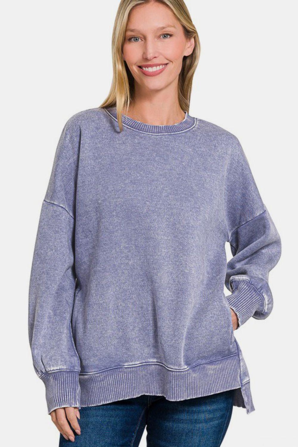 Zenana High-Low Acid Wash Fleece Sweatshirt for Women