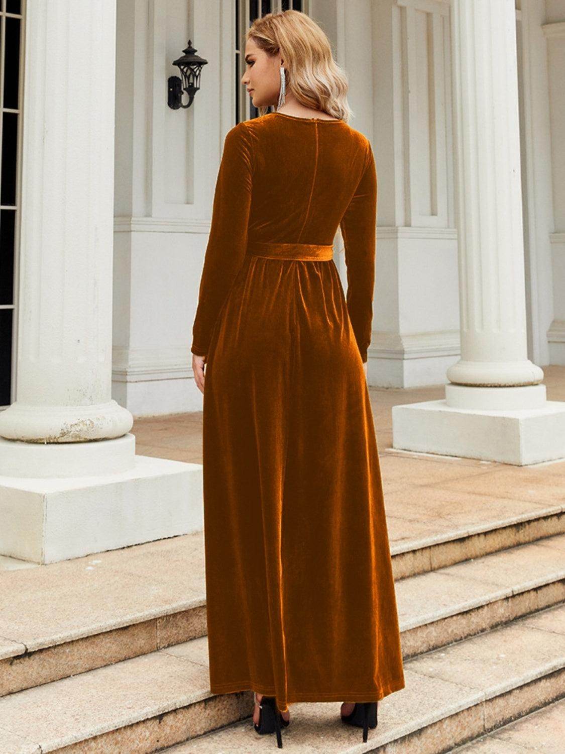 Tie Front Round Neck Long Sleeve Maxi Dress for Women - Selvanelle