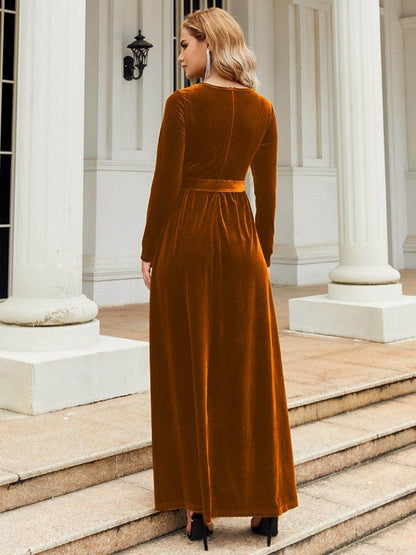 Tie Front Round Neck Long Sleeve Maxi Dress for Women - Selvanelle