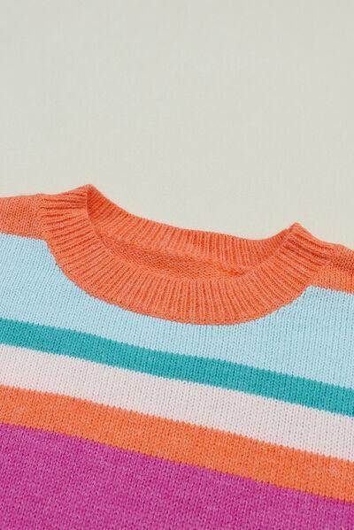 Striped Round Neck Drop Shoulder Sweater for Women - Selvanelle