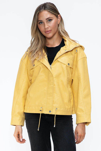 How Dare U Drawstring Hem PU Leather Zip Up Jacket for Women - Selvanelle