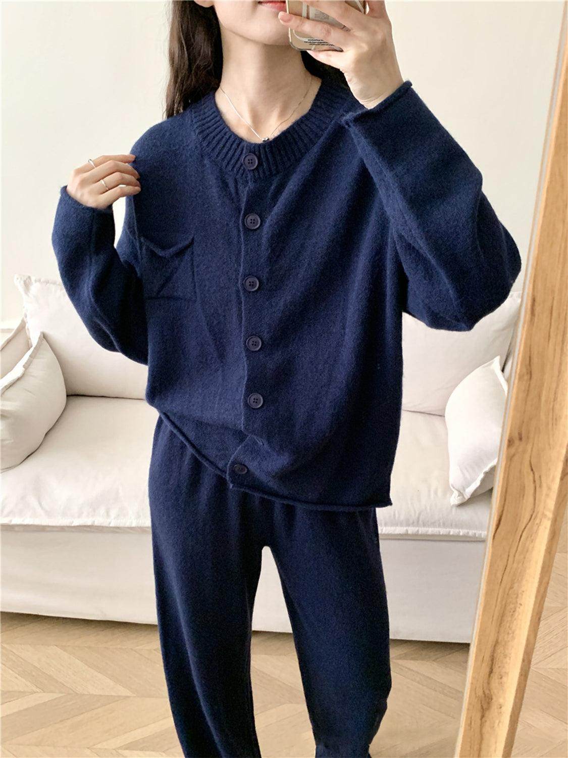 Pocketed Round Neck Button Up Cardigan and Pants Sweater Set - Selvanelle