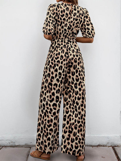 Perfee Tied Leopard Half Sleeve Jumpsuit - Selvanelle