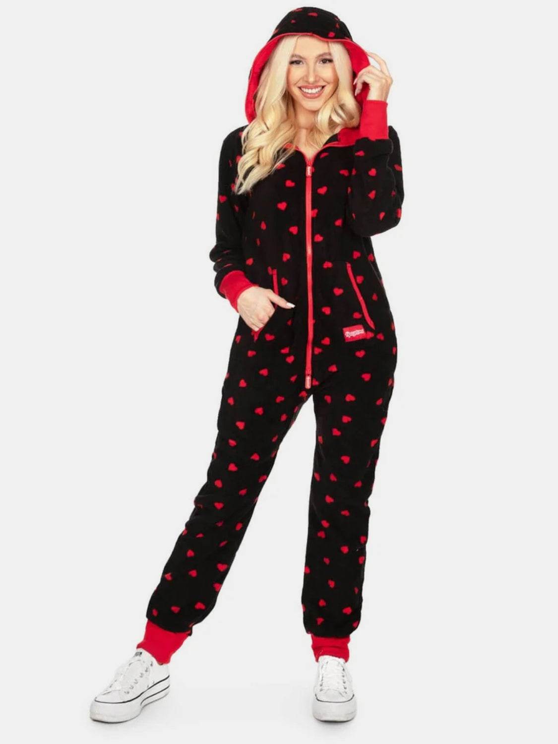 Printed Zip Up Long Sleeve Hooded Jumpsuit - Selvanelle
