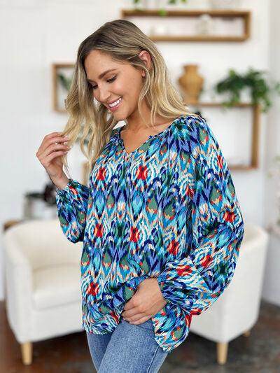 Double Take Full Size Printed Balloon Sleeve Blouse Women - Selvanelle