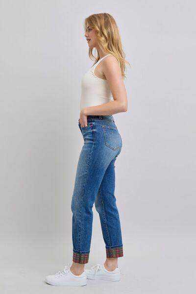 Judy Blue Full Size Plaid Print Cuff Straight Leg Jeans - Selvanelle