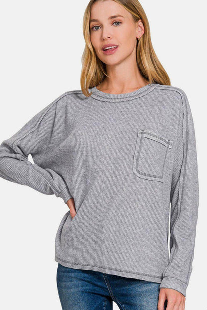 Zenana Full Size Contrast Stitching Brushed Ribbed Top - Selvanelle
