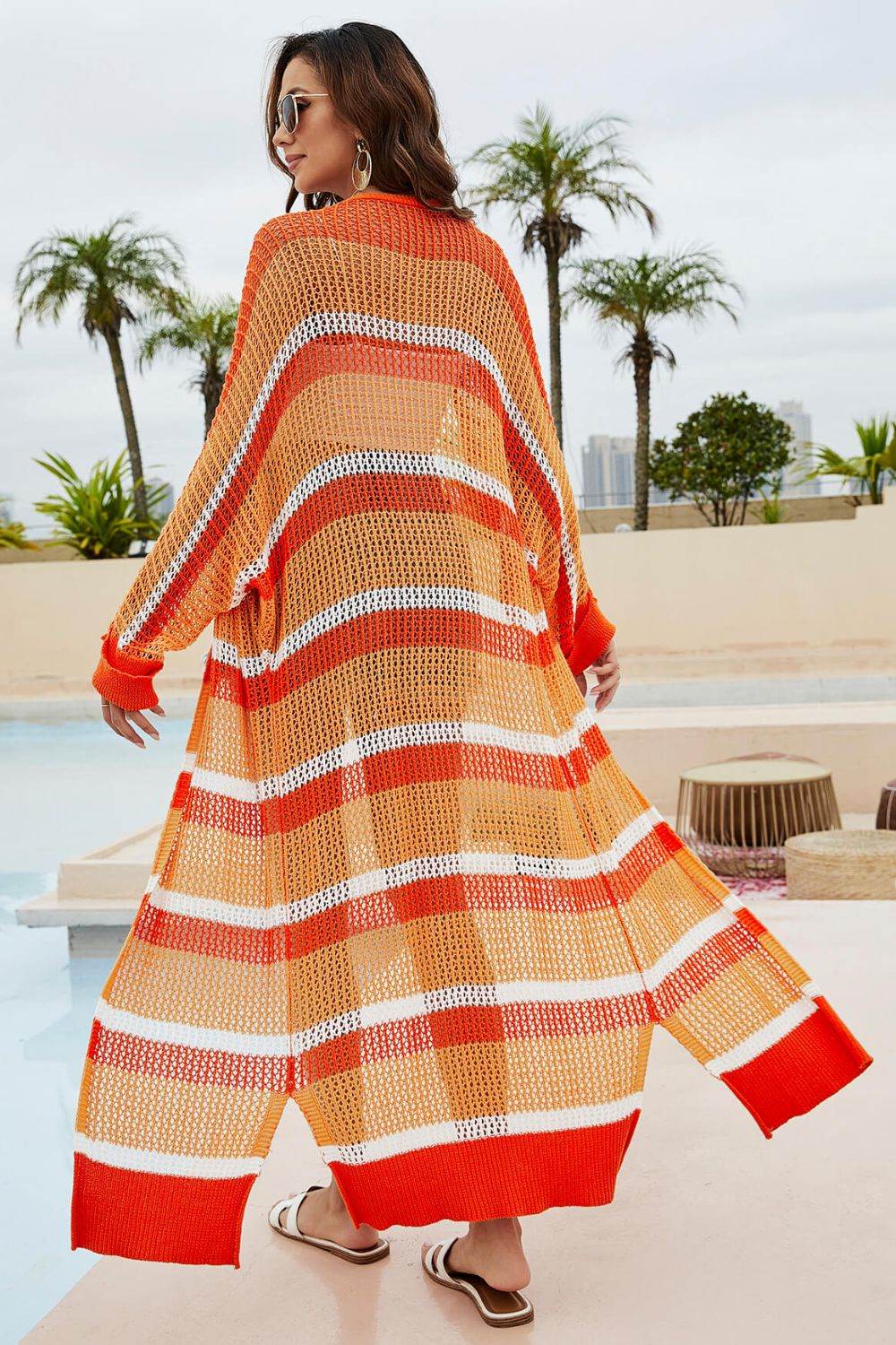 Striped Open Front Side Slit Duster Cover Up - Selvanelle