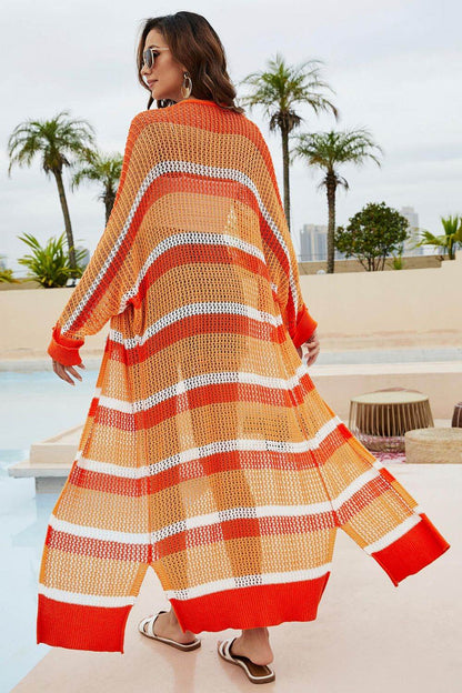 Striped Open Front Side Slit Duster Cover Up - Selvanelle