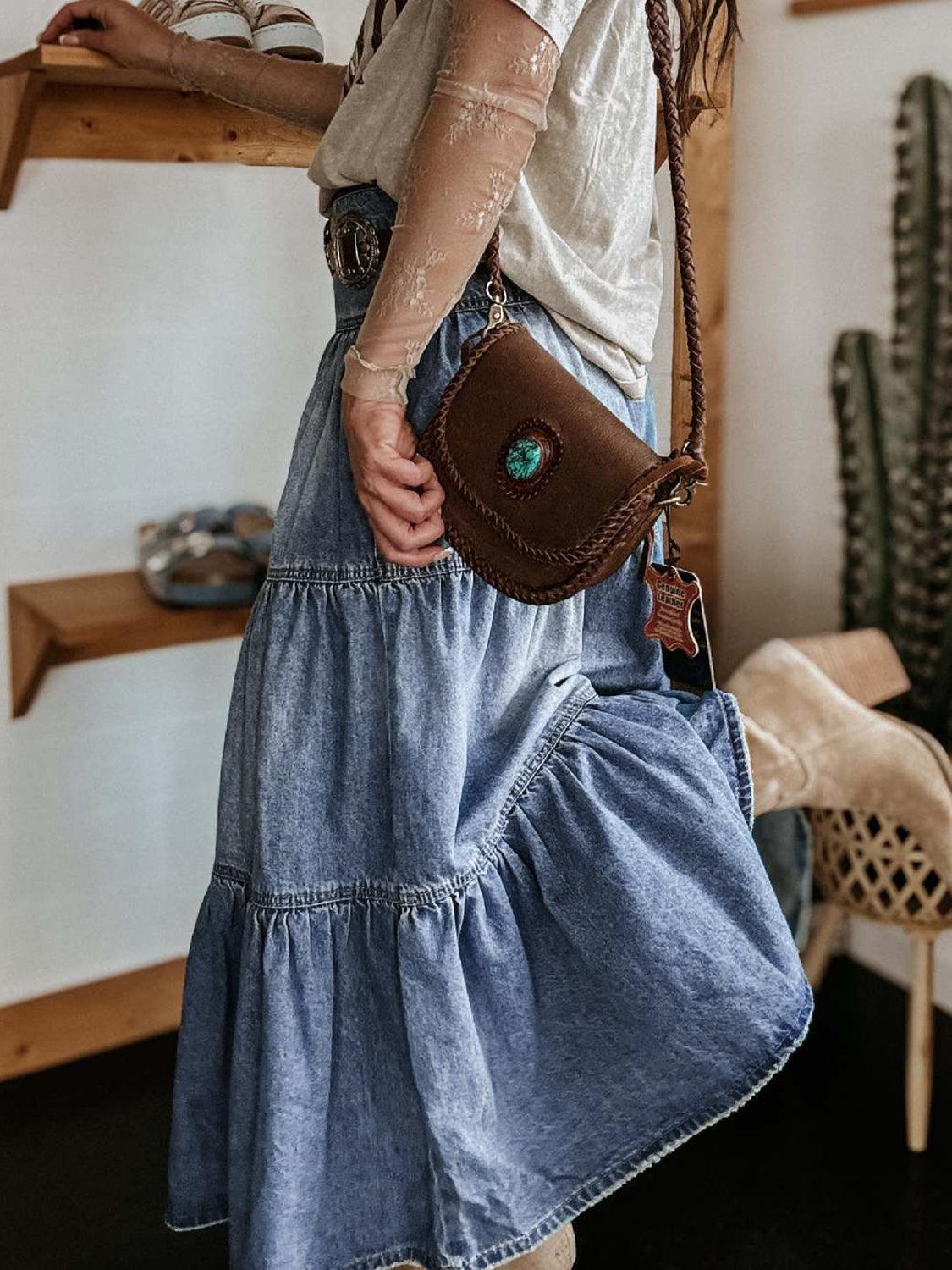 Tiered Button-Fly Denim Skirt for Effortless Style