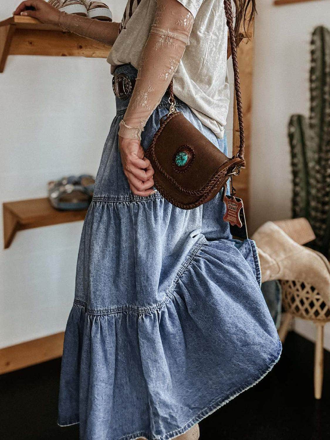 Tiered Button-Fly Denim Skirt for Effortless Style - Selvanelle