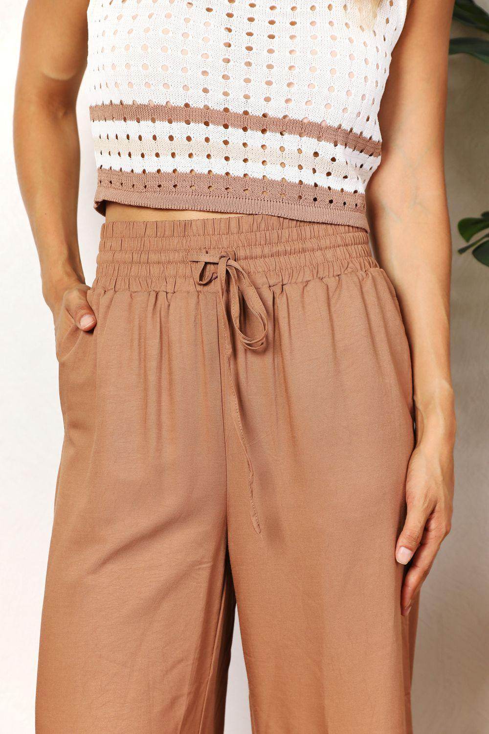 Double Take Drawstring Smocked Waist Wide Leg Pants for Women - Selvanelle