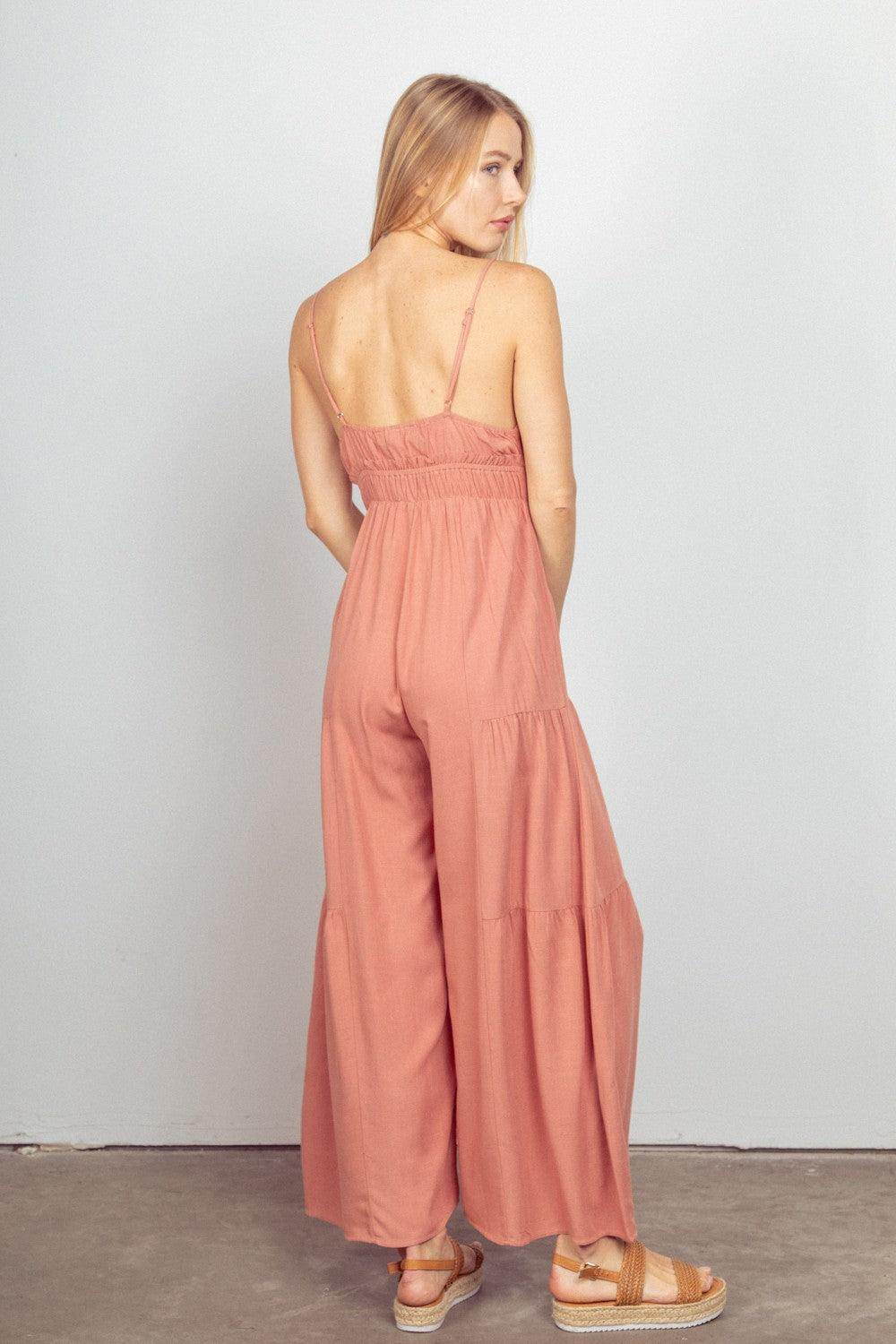 Very J Sleeveless Ruched Wide Leg Jumpsuit for Women - Selvanelle