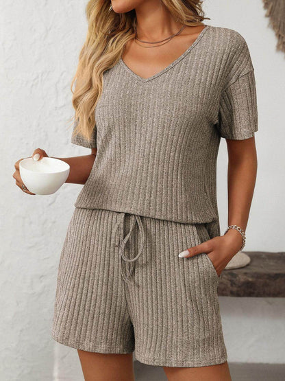 Mandy V-Neck Short Sleeve Top and Shorts Set for Women - Selvanelle