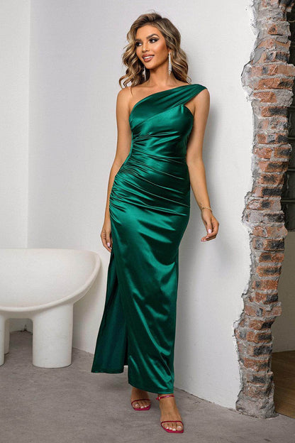 One-Shoulder Ruched Slit Maxi Dress for Elegant Style - Selvanelle