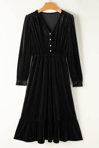 Ruffle Hem Slit V-Neck Long Sleeve Dress for Women - Selvanelle