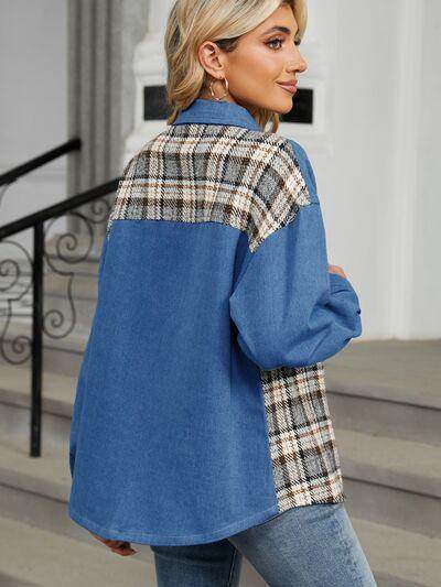 Plaid Button Up Long Sleeve Denim Jacket for Women - Selvanelle