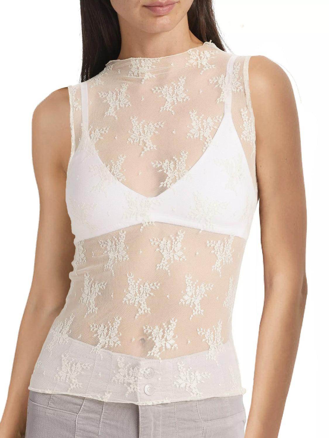 Lace Mock Neck Top for Women in Sheer Polyester Style - Selvanelle