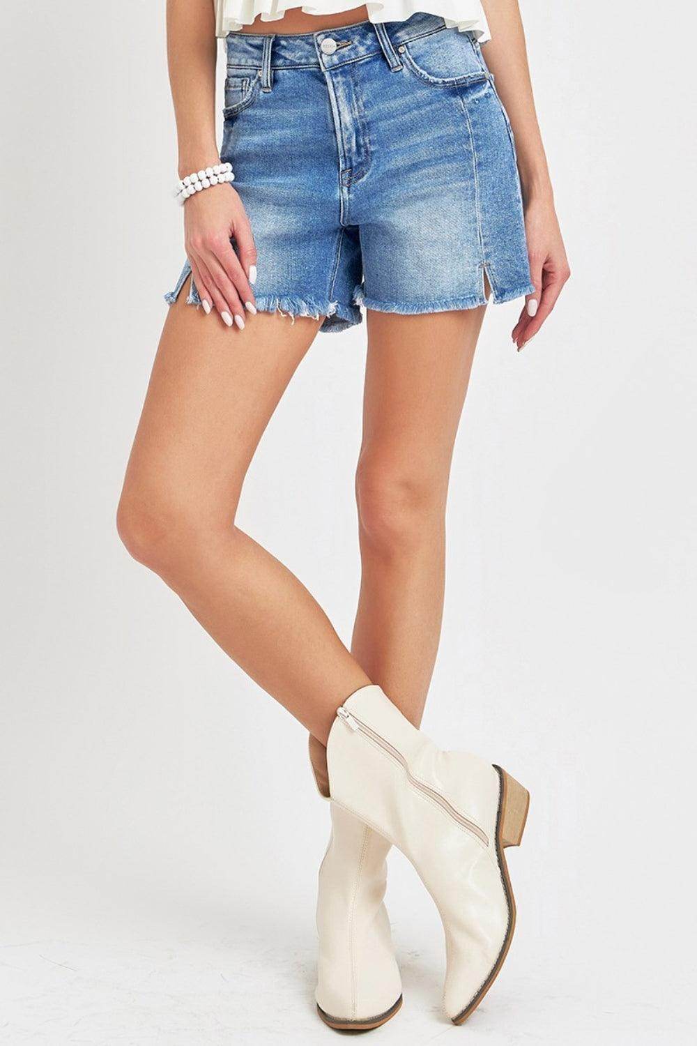 RISEN Front Slit Raw Hem Denim Shorts for Trendy Summer Style - Selvanelle