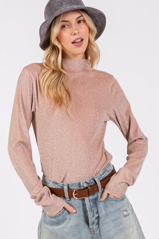 SAGE + FIG Glitter Mock Neck Lettuce Hem Long Sleeve Top