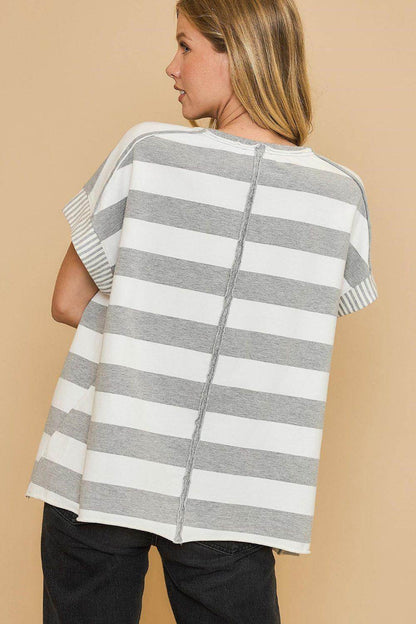Umgee Peace Sign Patch Striped French Terry T-Shirt for Women - Selvanelle
