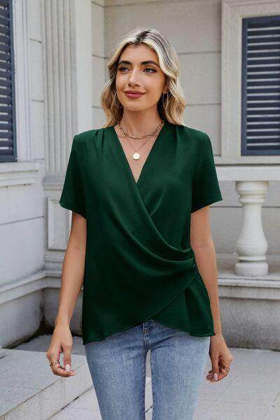 Solid Color Surplice Short Sleeve Blouse for Women - Selvanelle