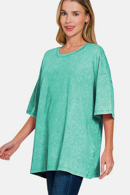 Zenana Full Size Washed Round Neck Drop Shoulder T-Shirt - Selvanelle