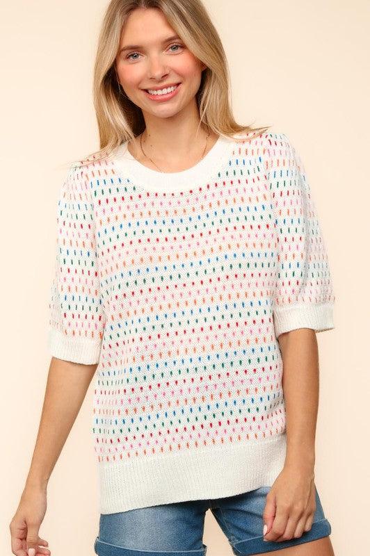 Haptics Round Neck Half Sleeve Multi Color Knit Top for Women