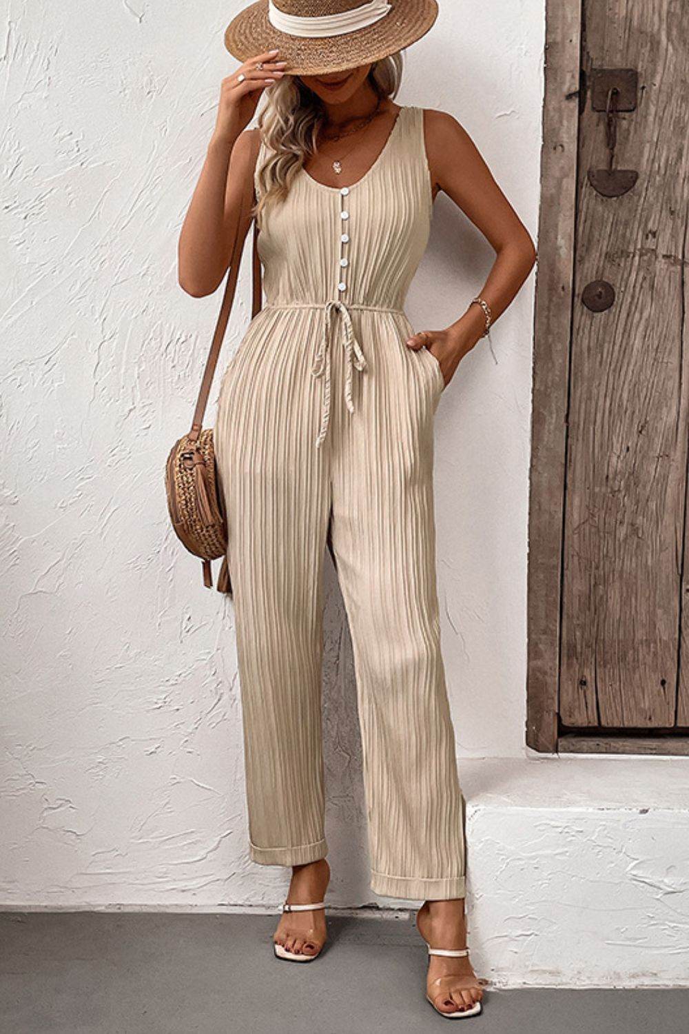 Perfee Textured Sleeveless Jumpsuit with Pockets - Selvanelle