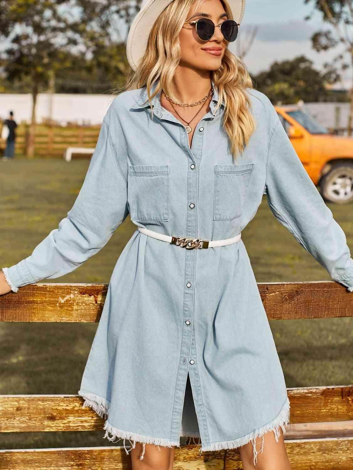 Button Up Collared Neck Raw Hem Denim Dress for Women - Selvanelle